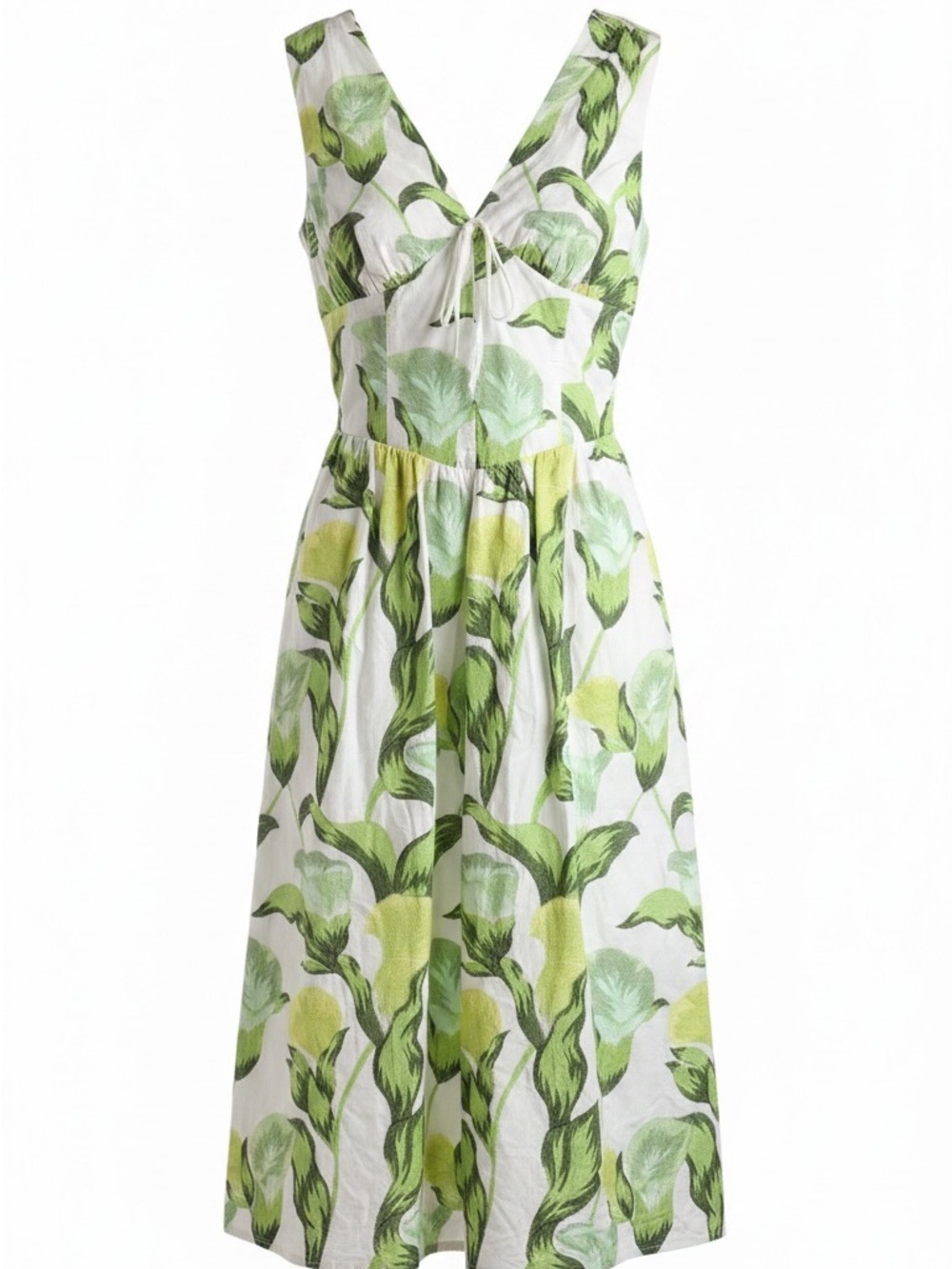 Sleeveless Green Botanical Tie-Front Midi Dress